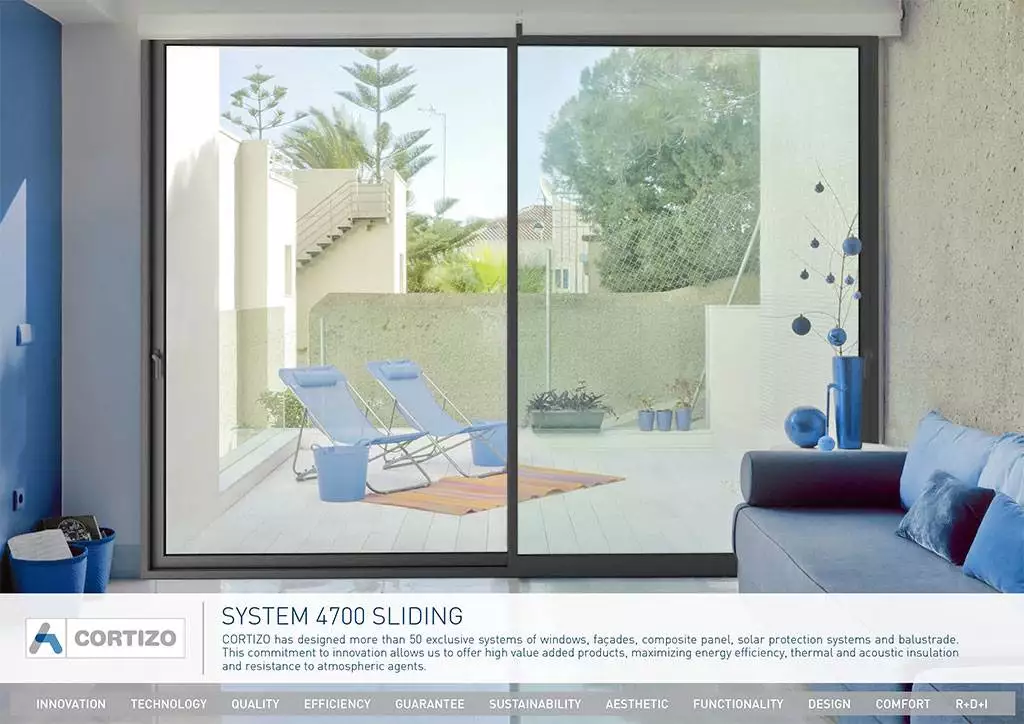 Cortizo 4700 sliding aluminium patio door brochure cover showing large glass doors opening to modern terrace – Cristal Windows, Doors & Conservatories