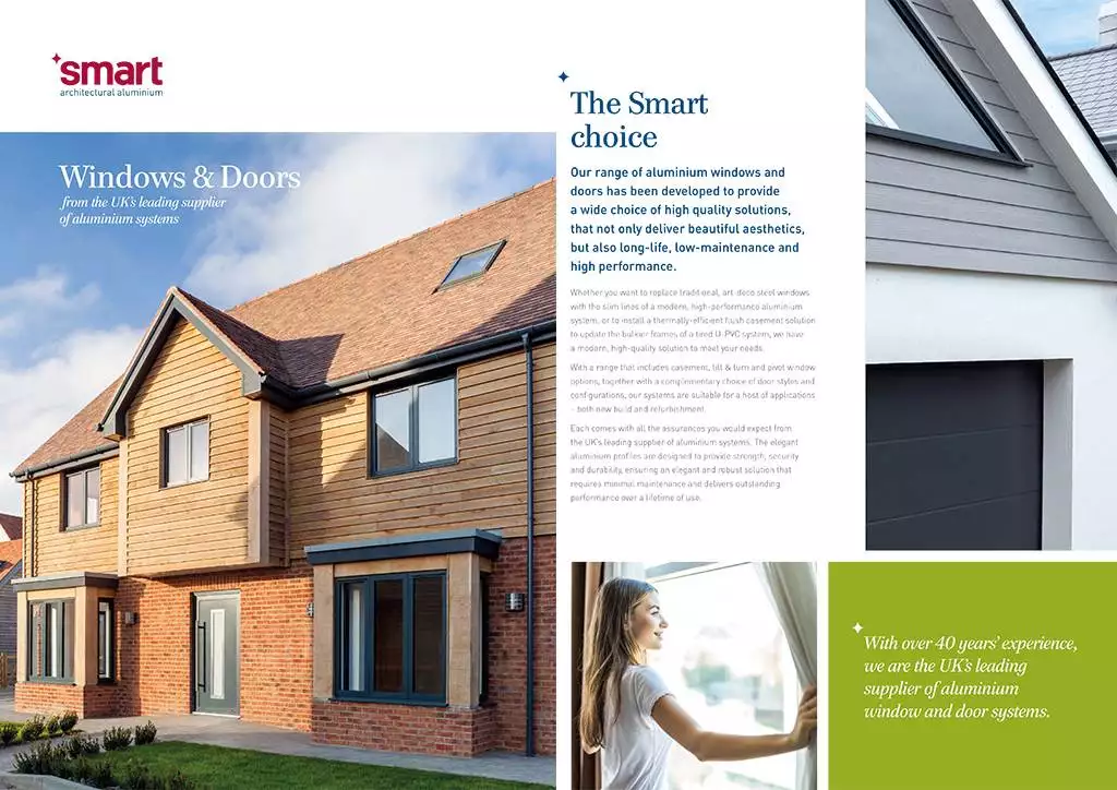 Cover of Smart Aluminium Windows and Doors brochure, highlighting modern residential window and door installations with over 40 years of UK industry expertise