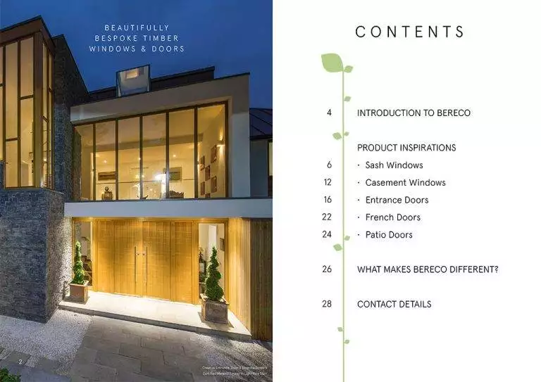 Cover of timber windows and doors brochure featuring a modern luxury home with large glazed sections and soft evening lighting