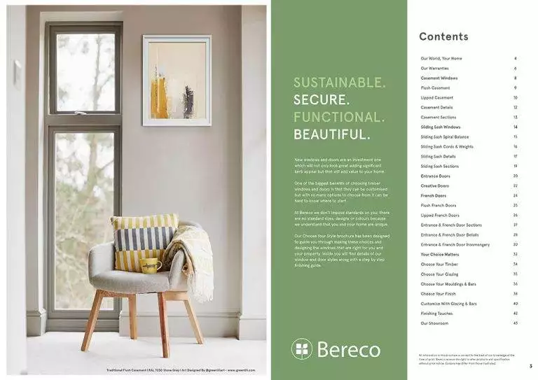 Cover of timber window brochure showing a bright modern interior with tall flush casement windows and a grey accent chair
