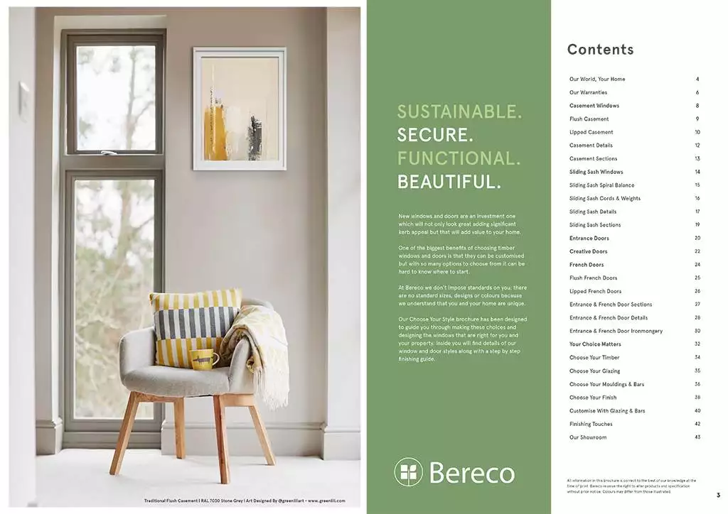 Cover of timber window brochure showing a bright modern interior with tall flush casement windows and a grey accent chair