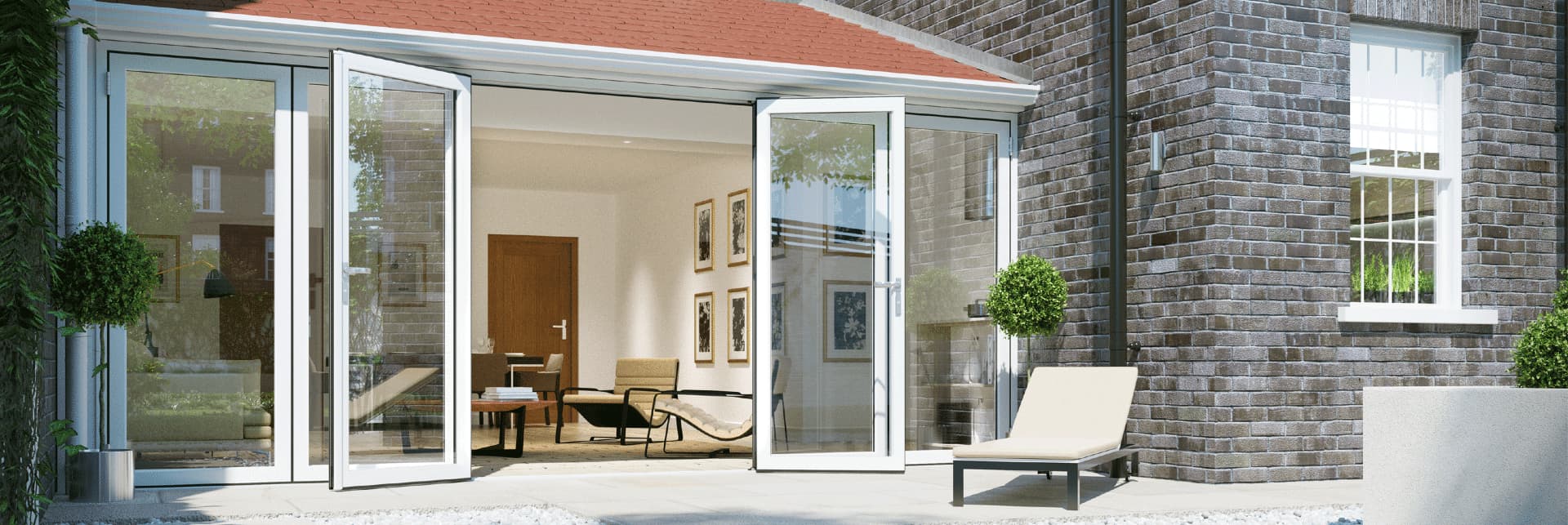 Open white aluminium bi-fold doors leading from modern living room to patio – Cristal Windows, Doors & Conservatories