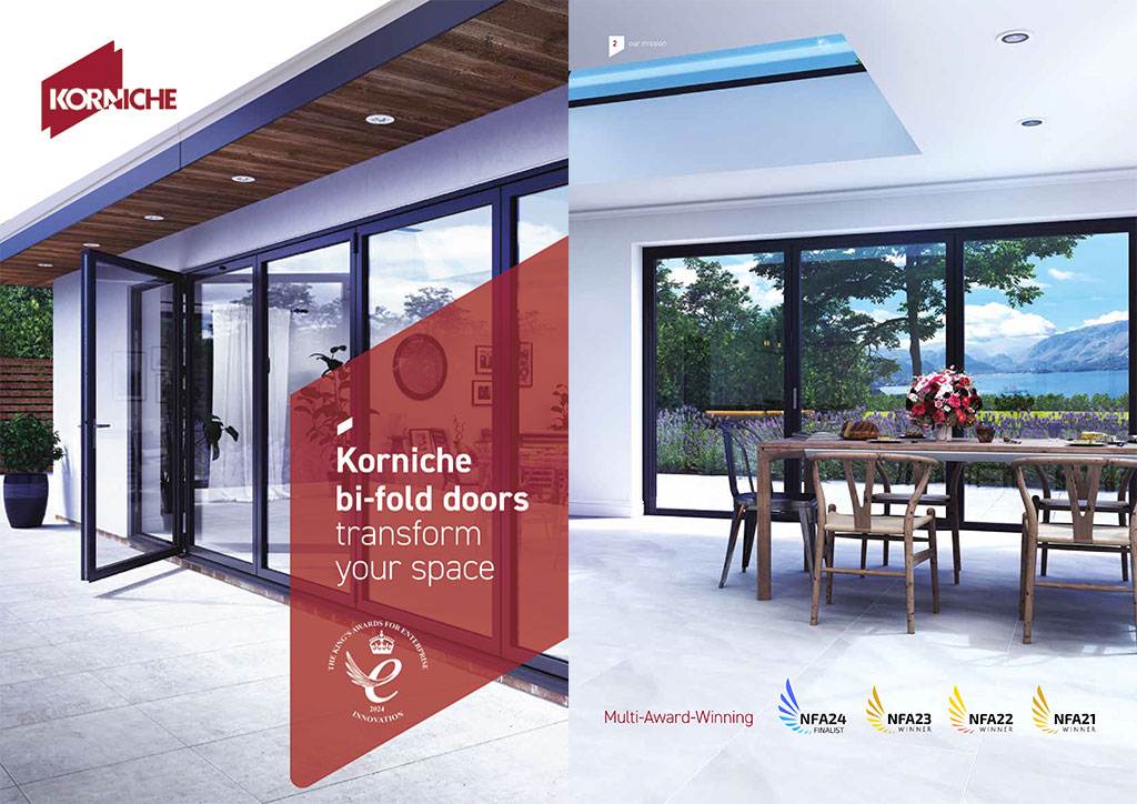 Korniche aluminium bi-fold doors brochure cover featuring open black-framed doors leading to patio and scenic garden – Cristal Windows, Doors & Conservatories
