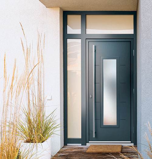Contemporary grey aluminium composite front door with frosted vertical glazed panel and side lights – Cristal Windows, Doors & Conservatories