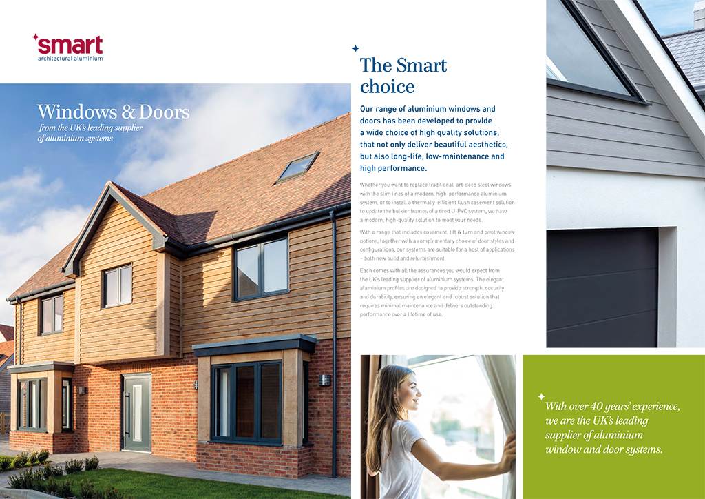 Cover of Smart Aluminium Windows and Doors brochure, highlighting modern residential window and door installations with over 40 years of UK industry expertise