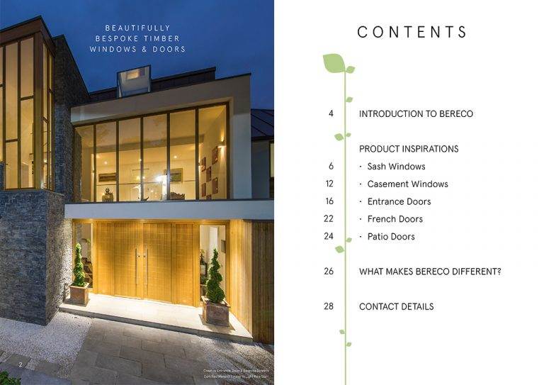 Cover of timber windows and doors brochure featuring a modern luxury home with large glazed sections and soft evening lighting