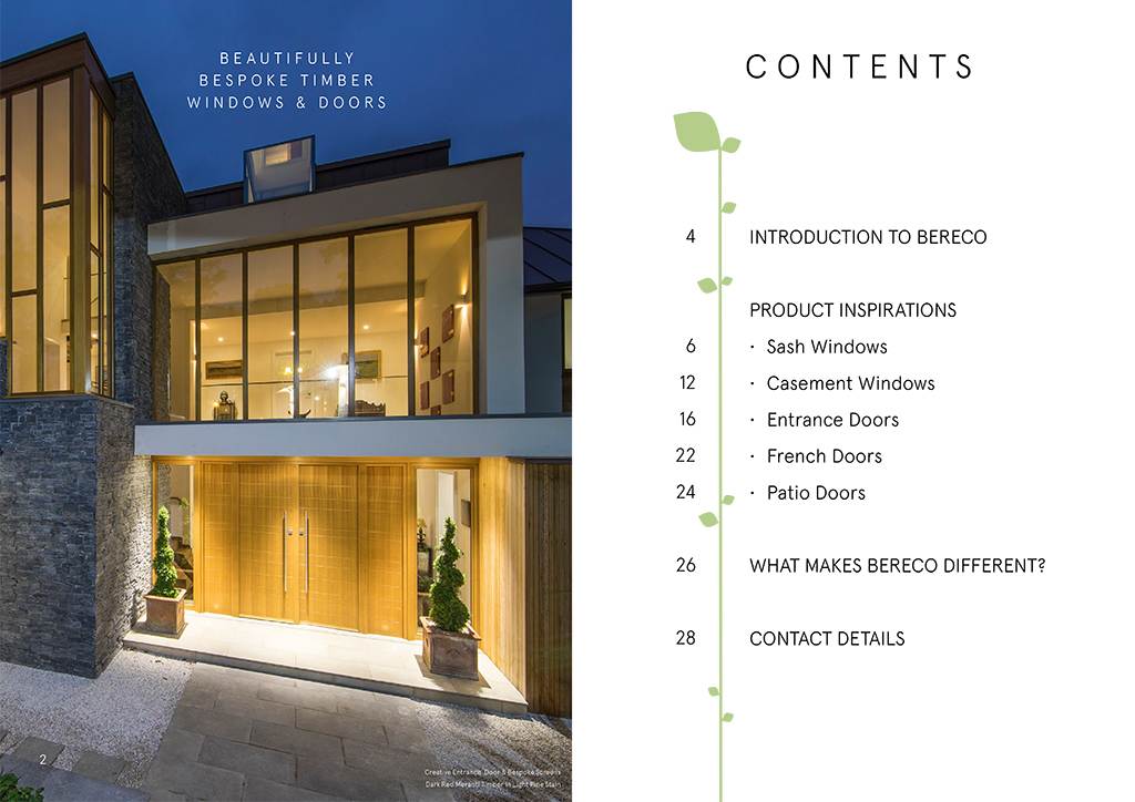 Cover of timber windows and doors brochure featuring a modern luxury home with large glazed sections and soft evening lighting