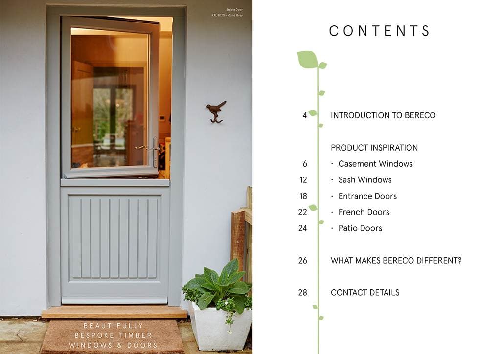 Front cover of the ‘Be Inspired – Renovations, Remodels & Self-Builds’ brochure featuring a grey stable-style timber door, potted plants, and a contents page for Bereco timber windows and doors