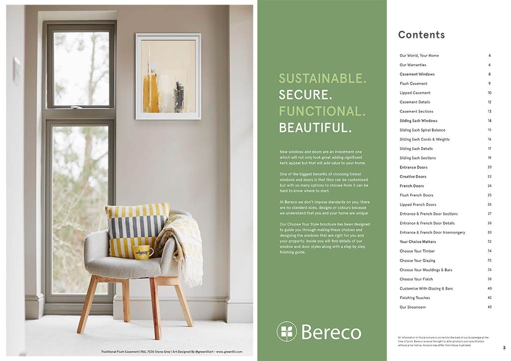 Cover of timber window brochure showing a bright modern interior with tall flush casement windows and a grey accent chair