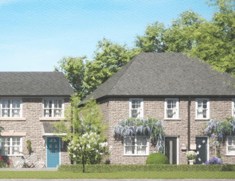 Traditional stone houses featuring colourful composite front doors in blue and grey with surrounding greenery – Cristal Windows, Doors & Conservatories