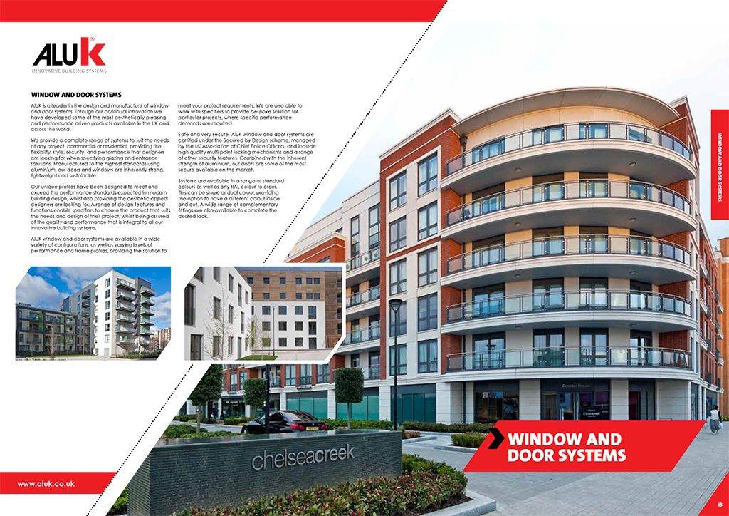 Cover page of ALUK brochure showcasing aluminium window and door systems used in modern residential developments – featuring Chelsea Creek project and performance specifications