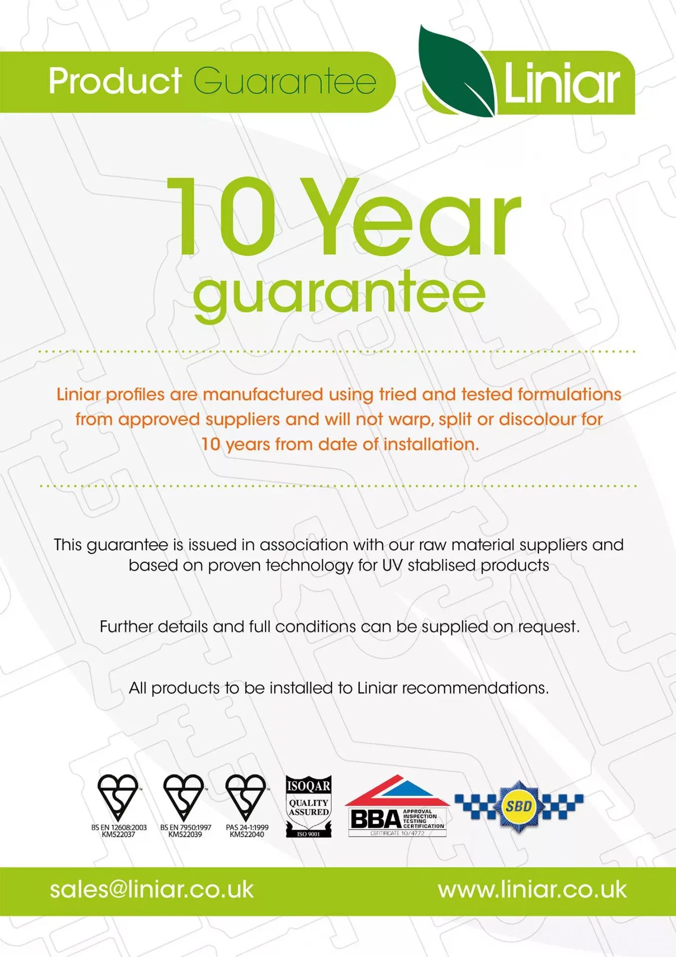 Liniar Profiles 10 Year Guarantee - Cristal Windows, Doors & Conservatories