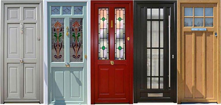 Collection of traditional period doors in various colours and styles, including grey, pastel green, red with stained glass, black, and natural wood – Cristal Windows, Doors & Conservatories