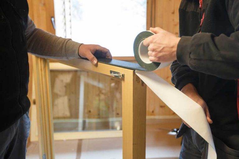 Close-up of timber window frame being prepared with insulation tape during installation — Cristal Windows, Doors & Conservatories