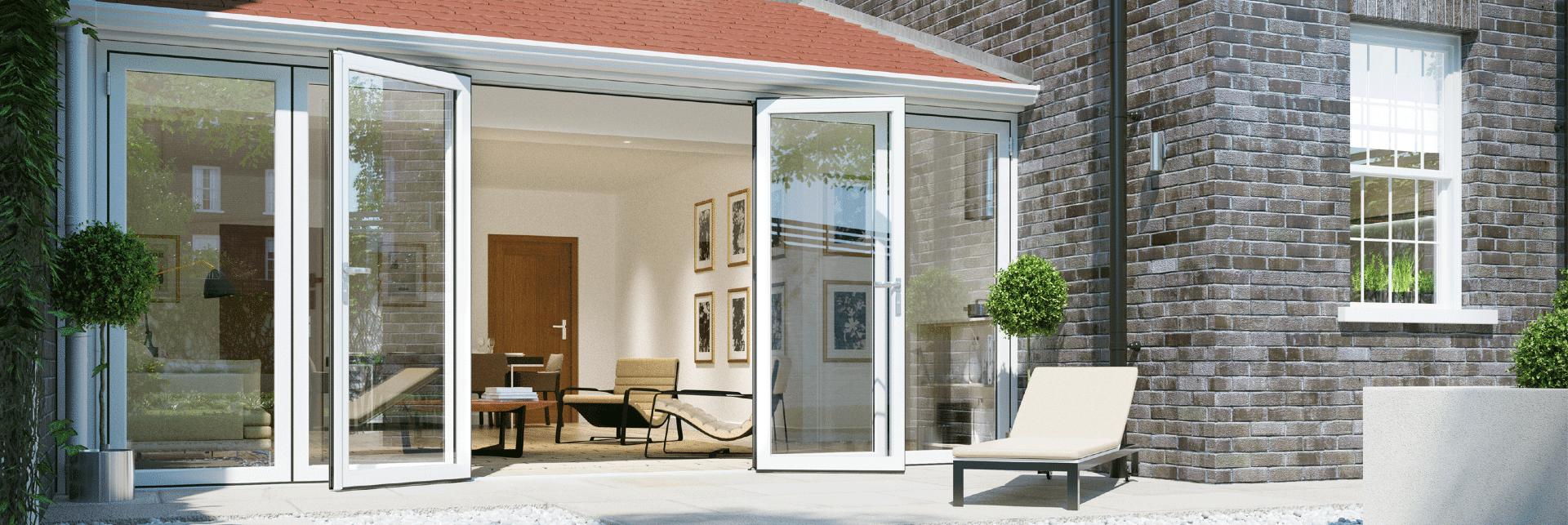 Open white aluminium bi-fold doors leading from modern living room to patio – Cristal Windows, Doors & Conservatories