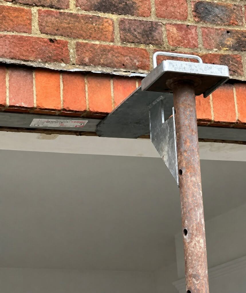 Brickwork above an opening temporarily propped with an acrow prop while a new lintel is fitted