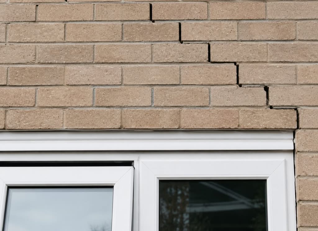 Stepped stair shaped cracking in brickwork above a window, a sign the lintel support is missing or failing